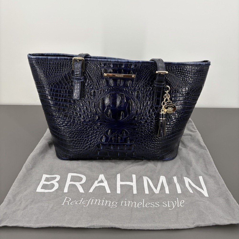 Brahmin Melbourne Asher Navy Blue Croc Embossed Leather Tote Shoulder Bag Medium